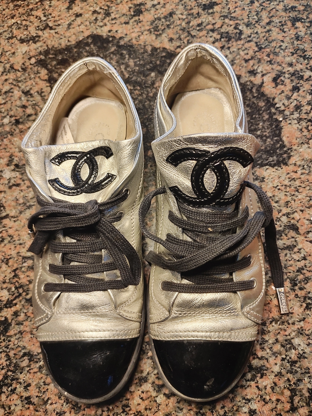 CHANEL Silver and Black Leather Sneakers